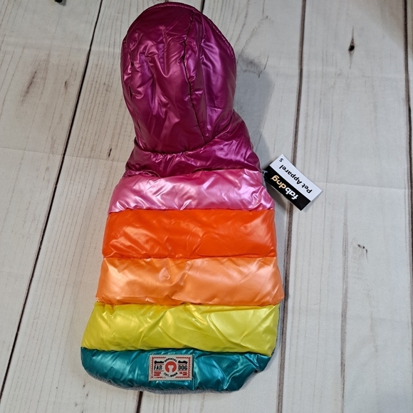 Fabdog Dog Puffer Jacket/Coat w/Hood Multicolor Stripe Fleece Lined Small - Picture 1 of 5